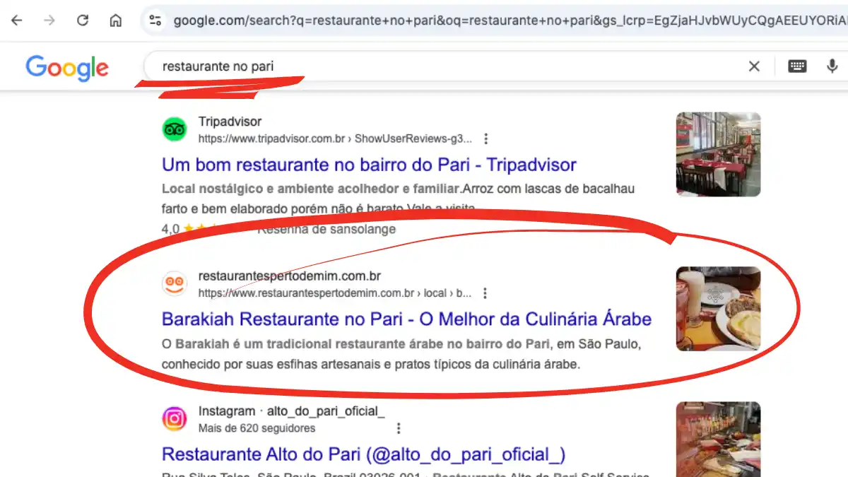 resultado no Google restaurante no Pari
